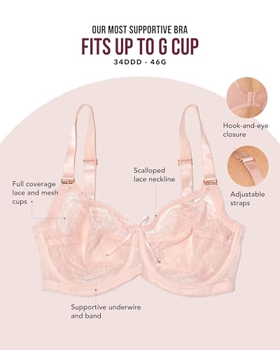Image of Smart & Sexy Women's Full Coverage Unlined Underwire Bra, Lace & Mesh See Through Bra, Plus Size Lingerie Inspired Retro Bra
