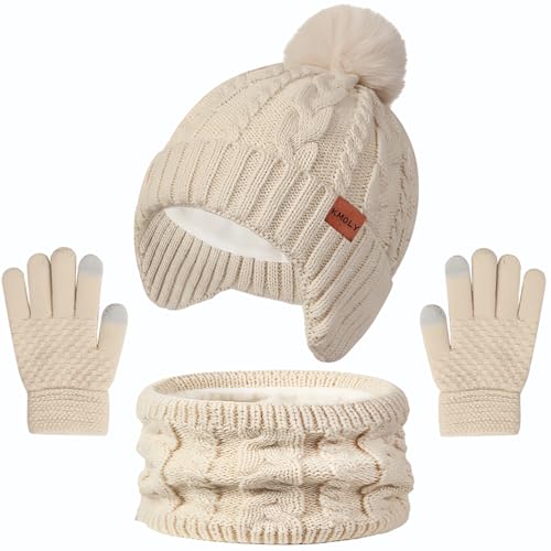 Image of Kids Winter Hat Gloves Scarf Set,Beanie with Pom Earflaps Neck Gaiter Fleece Lined Touchscreen Gloves for Girls Boys 3-10Y
