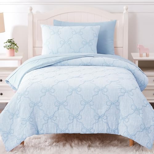 Wink Deer Twin Comforter Set with Sheets for Girls-5 Pieces Twin Bedding Sets with Light Blue Comforter, Sheets, Pillowcase & Sham for Kids (Light Blue Diamond, 66