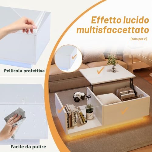 Merax Tavolino da salotto con illuminazione LED intelligente, controllo app, piano sollevabile, superficie lucida, spazio di archiviazione e luce RGB, 100 x 50 x 33 cm, moderno divano per soggiorno
