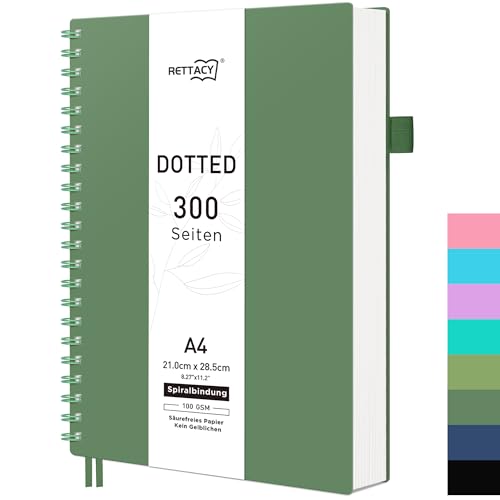 RETTACY Notizbuch A4 Gepunktetes, Bullet Dot Journal, Spiral-Notizbücher 150 Blatt/300 Seiten zum Schreiben, 100gsm, PVC Hardcover, für Frauen Männer Arbeit Büro Schule, 21.5 x 27.9cm – Dunkelgrün