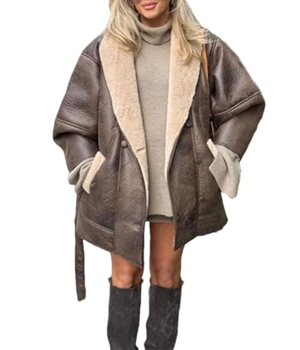 women Belt Lapel Mid Faux Leather Jacket Elegant Warm Elegant Full Sleeve Plush Coat