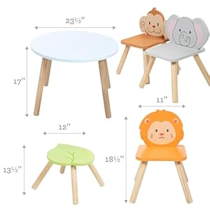 Kids Wooden Animal Table Chair Set w 4 Seats Monkey Lion Elephant Plus Adult Stool for Arts Crafts Dining Pretend Play Durable Playroom Furniture for Home Daycare Classroom Toddler Gift