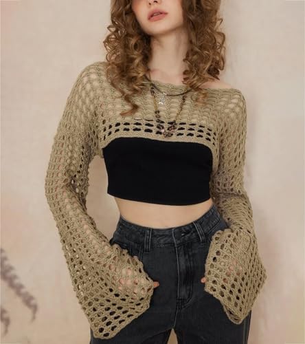 Women's Mesh Crochet Crop Tops Shrugs Sexy Y2k Hollow Out Cropped Knit Sweater See Through Bikini Cover Ups4