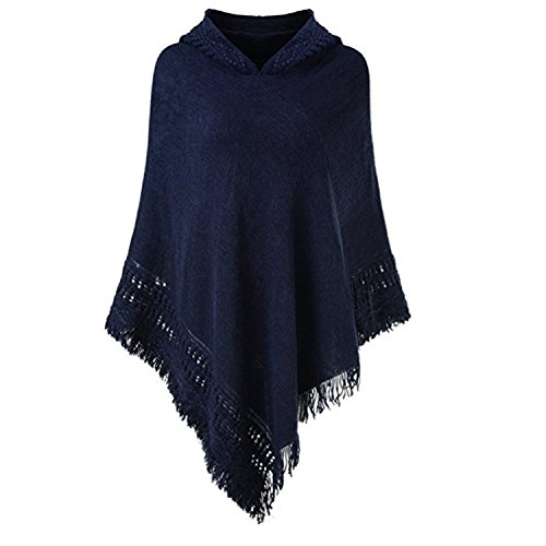QQI capa con capucha de las señoras con dobladillo con flecos, poncho de ganchillo que hace punto los patrones para las mujeres 135-175 cm (Jaspe)