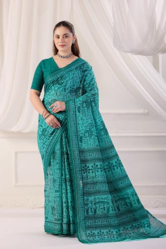 Image of TAMAIRA FASHION Off White Mulmul Pure Cotton Saree For Woman Warli Printed|Office Wear Daily Wear Sarees For Women Without Blouse Piece (Available in 21 Colours)