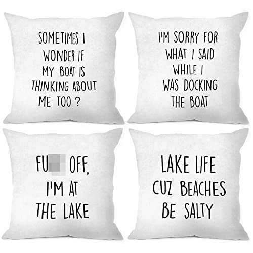 Mixding Funny Lake Quote Sometimes I Wonder If My Boat Is Thinking About Me Too Throw Pillow Cover Pillowcase 18X18 Inch (Set Of 4) Decor, Lake House Boat Farmhouse Porch Sofa Bed Home Decoration #TOP24