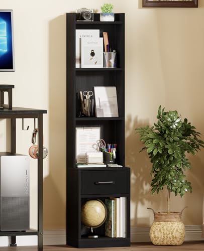 Image of Furologee 6 Tier Bookshelf with Drawer, Black 53 inch Tall Narrow Bookcase, Corner Open Cube Shelves, Industrial Wood Floor Standing Rack, Display Storage Shelf for Living Room, Bedroom, Office, Kitchen