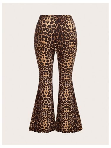 WDIRARA Women's Plus Size Leopard Print Flared Pants Elastic Waist Lettuce Trim Bell Bottom Trousers2