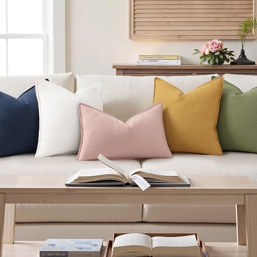 Image of decorUhome Decorative Linen Throw Pillow Covers 12x20 Inch Set of 2 Pink Lumbar Pillow Covers with Flange Edges Soft Farmhouse Boho Accent Pillow Cases for Couch Bed Living Room