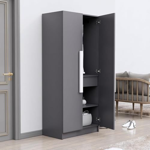 Image of Bniture 2 Door Wooden Wardrobe for Bedroom | Almirah for Clothes with 4 Shelves, Engineered Wood Wardrobe for Clothes | Cupboard for Bedroom (46D x 80W x 182H CM) | 3 Years Warranty (Slate Grey)