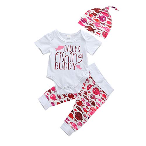 Image of Mioliknya 3PCS Newborn Baby Girl Daddy's Fishing Buddy Short Sleeve Romper Bodysuit Floral Pants Leggings Hat Outfits (Rose Red, 0-3 Months)