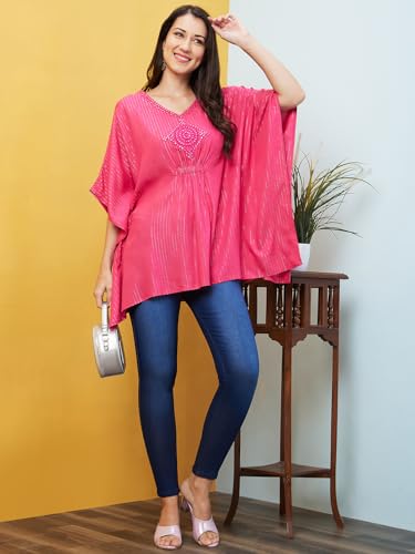 Image of Globus Women Striped Mirror Work V- Neck Pure Cotton Kaftan Tunic