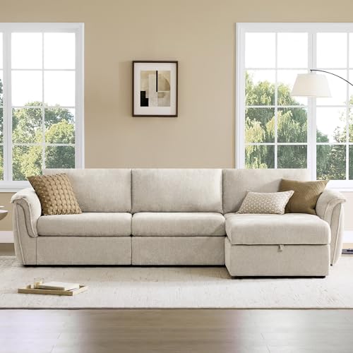Image of CHITA Extra Large Sectional Couches for Living Room, Cloud Modular Sectional Sofa with Chaise, Ottoman with Storage, 3 Seater L Shaped Couch, Chenille in Taupe
