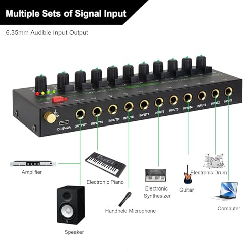 Fafeicy Mezclador De Audio De 10 Canales Estéreo Mono Con Control Volumen Independiente Entrada Salida 6.35mm DC 5V (9damfeingo-12)