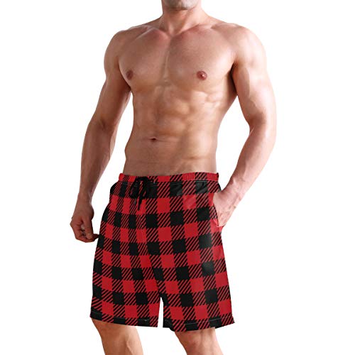 Xuwu Men's Quick Dry Swim Trunks With Pockets Red And Black Lumberjack Buffalo Plaid Beach Board Shorts Bathing Suits #TOP6