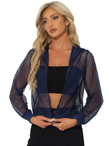 Image of Allegra K Mesh Sheer Jacket for Women Long Sleeve Hoodie Zipper Up Lightweight Casual Outwear Night Out Party Outfit Small Navy Blue