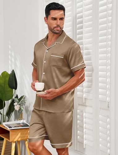Vssjavun Mens Satin Silk Pajamas Sets Short Sleeve Button-Down Sleepwear Two Piece Loungewear with Pockets