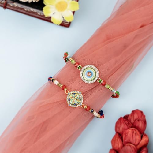 Image of Traditional Handmade Beaded Rakhi For Raksha Bandhan| Hand Bracelet For Brother| Wrist Band For Bhaiya & Bhabhi | Trendy Combination Designs Protective Thread Combo-Set Of 2