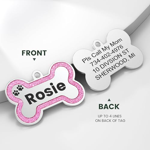 YEHANTI Dog Tags Personalized for Pets - Durable Stainless Steel Pet ID Tags with Lovely Icons, Glitter Bone Custom Dog Tags for Large Small Dogs Cats, Dog Name Tags Engraved On Both Sides（S, Pink） — view 2
