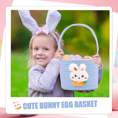 Image of DIYASY Easter Basket for Kids, Woven Bunny Eggs Basket with Handle Gifts Tote Bag Candies Buckets for Boys Girls Toddler Baby Party Decorations Blue