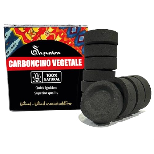 Samsara Escobillas de carbón vegetal tóxicas en sola madera para inciensos en granos de resina y hojas - 100% naturales encendido rápido 33 mm 50/60 min - también para cachimba (50 carbonos)