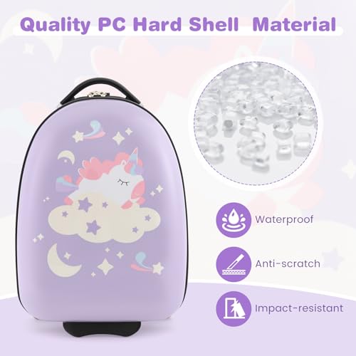 BABY JOY Kids Luggage, 16” Hard Shell Carry On Luggage w/Rolling Wheels, 2-Level Aluminum Handle & Lightweight Airline-approved Design, Kids Suitcase for Girls Boys Toddlers (Purple, Pony)2