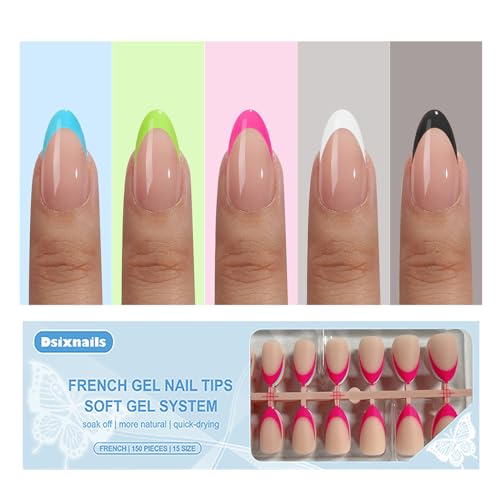 Short Almond French Tip Press on Nails, 150pcs Brighter Soft Press on Nails in 15Sizes, Pre-lasting Acrylic Gel Nail Tips, No Need to File Fake False Nail Tips Extension for Women Girl Nails