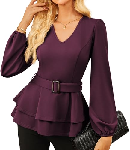 GRACE KARIN Women Work Peplum Tops,Long Sleeve Dressy Casual Blouses,V