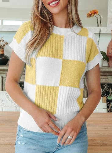 Image of EVALESS Short Sleeve Sweater for Women Crewneck Color Block Knit Tops 2026 Summer Trendy Cap Sleeve Sweater Vest