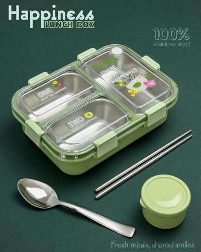 Image of PRIME DEALS Lunch Box 3 Compartment Leak-Proof BPA Free Stainless Steel, Lunch Box for Kids, Lunch Box for School & Office with a Fork, a Spoon and a Pair of Chopsticks (Green, 3 Compartment)