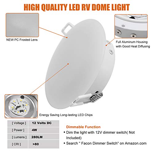 Facon 4.5Inch Led Rv Puck Light, Dlfst4-008, Full Aluminum Recessed Led Ceiling Lights, 12V Interior Light For Rv Motor-Homes Camper Caravan Trailer Boat (Pack Of 6) #TOP3