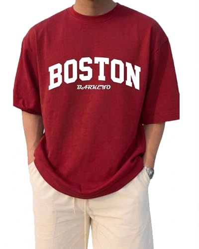 Image of BARKEYO Men's Half Sleeve Round Neck French Terry Graphic Print Oversized Tshirt for Man (Boston-ft) Pack of 2 (in, Alpha, XL, Regular, Red)