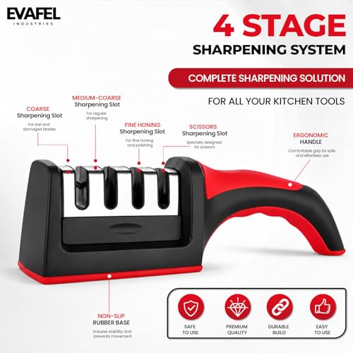 Image of Knife Sharpener, 4-in-1 Professional Kitchen Knife Sharpener Tool, Manual 4-Stage Sharpening System for Straight & Serrated Blades, Stainless Steel Base, Non-Slip Ergonomic Handle