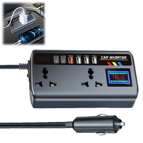 P/ure Sine Wave Car Inverter 12v/24v to 220v, Vehicle Powers Converter with 2 Sockets & 3 USB Ports, Portable Power Bank & Laptop Car Charger, Universal Car Plug Adapter for Safe Device Charging