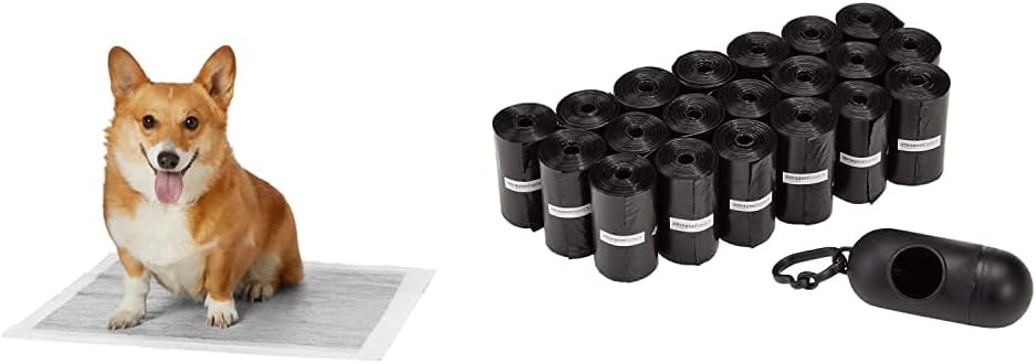 Amazon Basics Carbon Pet Training and Puppy Pads, Regular - 80 Count & Dog-Waste Bags with Dispenser and Lead Clip, 300 each