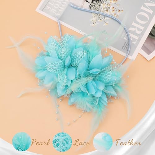 Image of DRESHOW Womens Fascinators Hats Tea Party Hats for Women Pearl Lace Feather Hat Vintage Derby Hats for Wedding Cocktail