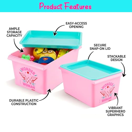 Image of Nayasa Stack N Store Wonder Women, Small, 5 ltrs | DC Superhero Print Plastic Storage Boxes Set of 3 with Lid | Side Handles | Stackable Multipurpose Organizers | Strong & Durable | Pink