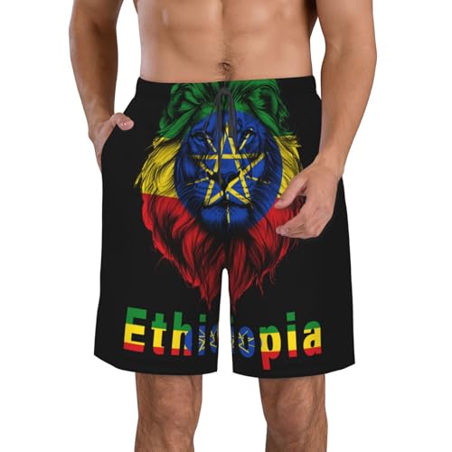 Lion Funny Ethiopian Ethiopia Flag Men's Beach Shorts Quick Dry Funny Stylish Swimwear Bathing Suits