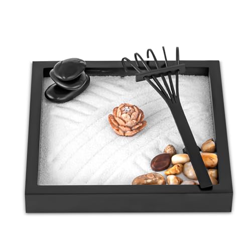 Mini Zen Garden Kit for Desk 6x6 inch with Wooden Lotus Flower, 3...
