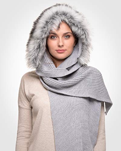 Futrzane Faux Fur Hooded Scarf For Women - Versatile Knitted Cowl For Winter (Grey - Silver Fox) #TOP1