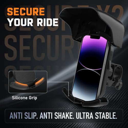 Image of Amkette iGrip Secure X2 Mobile Holder for Bike & Scooty with Handlebar Mount, One Press Lock & Unlock, Built in Sunshade, Anti Slip Silicone Grip, 4 Corner Clamping, Compatible with 4.7 inch-7 inch Smartphone