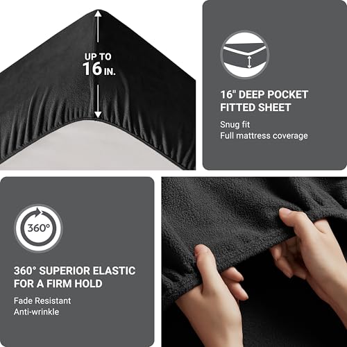 Image of True North by Sleep Philosophy Micro Fleece Bed Sheet Set, Warm, Sheets with 14 inch Deep Pocket, for Cold Season Cozy Sheet-Set, Matching Pillow Case, Cal King, Black, 4 Piece