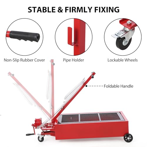 Image of 20 Gallon Oil Drain Pan Oil Drain Tank, 76L Low Profile Oil Drain Pan, Large Capacity Oil Change Pan with Manual Pump & T Foldable Hand and Wheels, 8FT Hose Oil Drain Cart for Car, SUV, Trucks