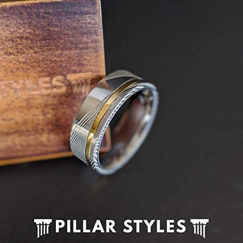 Pillar Styles14K Gold Damascus Rings for Men 8mm Unique Silver Damascus Steel Wedding Band Mens Gold Ring with Offset Inlay Comfort Fit Engagement Band and Anniversary Gifts for Him