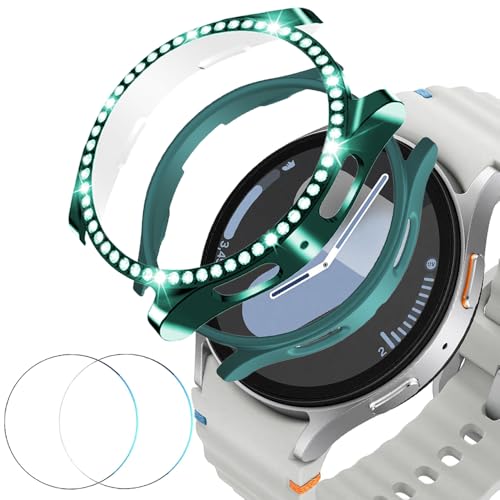 DEALELE [2+2 PACK Tempered Glass Case Compatible with Samsung Galaxy Watch 7 40mm, Bling Diamond + PC Matte Protective Case Cover + Tempered Glass Screen Protector, Green + Green