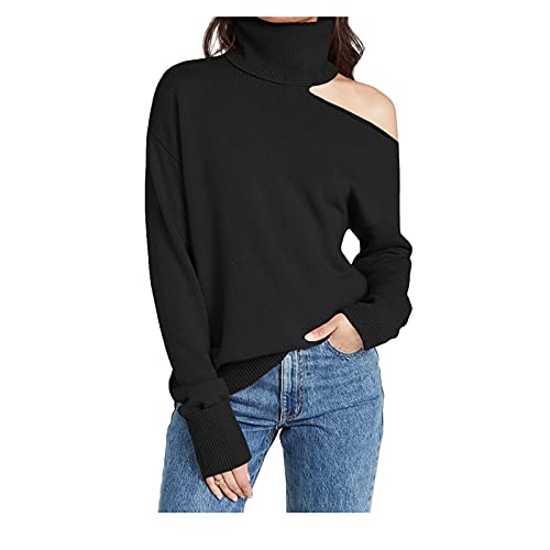 Women Off Shoulder Sexy Knitwear,Autumn And Winter Turtleneck Sweater Pullover Top,Solid Color Knit Crochet Pullover Hoodies,Long Sleeve Tunics For Women(Black,Medium) #TOP1