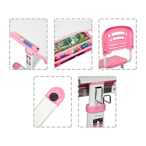 Diroan Kids Multifunctional Desk And Chair Set, Height Adjustable Children School Study Desk With Tilt Desktop, Metal Hook And Storage Drawer For Boys Girls (Pink) #TOP5