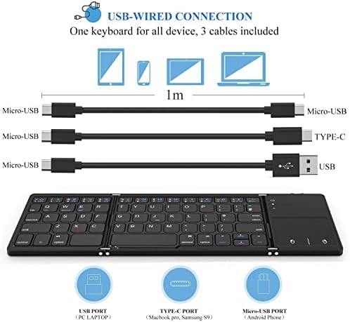Seenda Foldable Keyboard, Wired & Bluetooth Keyboard with Touchpad, 3 Cables (USB/Micro USB/Type C) Compatible for PC Tablets Phones/Windows iOS Android Systems