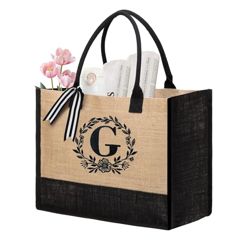 Image of BeeGreen Jute Tote Bag with Pocket & Initial Tote Bag for Women - Beach Thank You Gift Bags: Personalized Monogrammed Gifts for Women, Gift for Friends, Mother, Sister & Birthday Bridal Shower